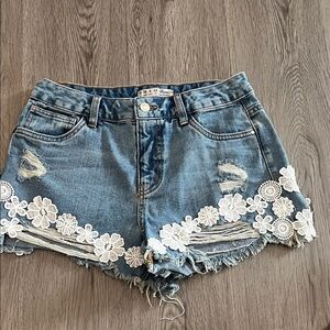 Denim Lace Trim Women Shorts